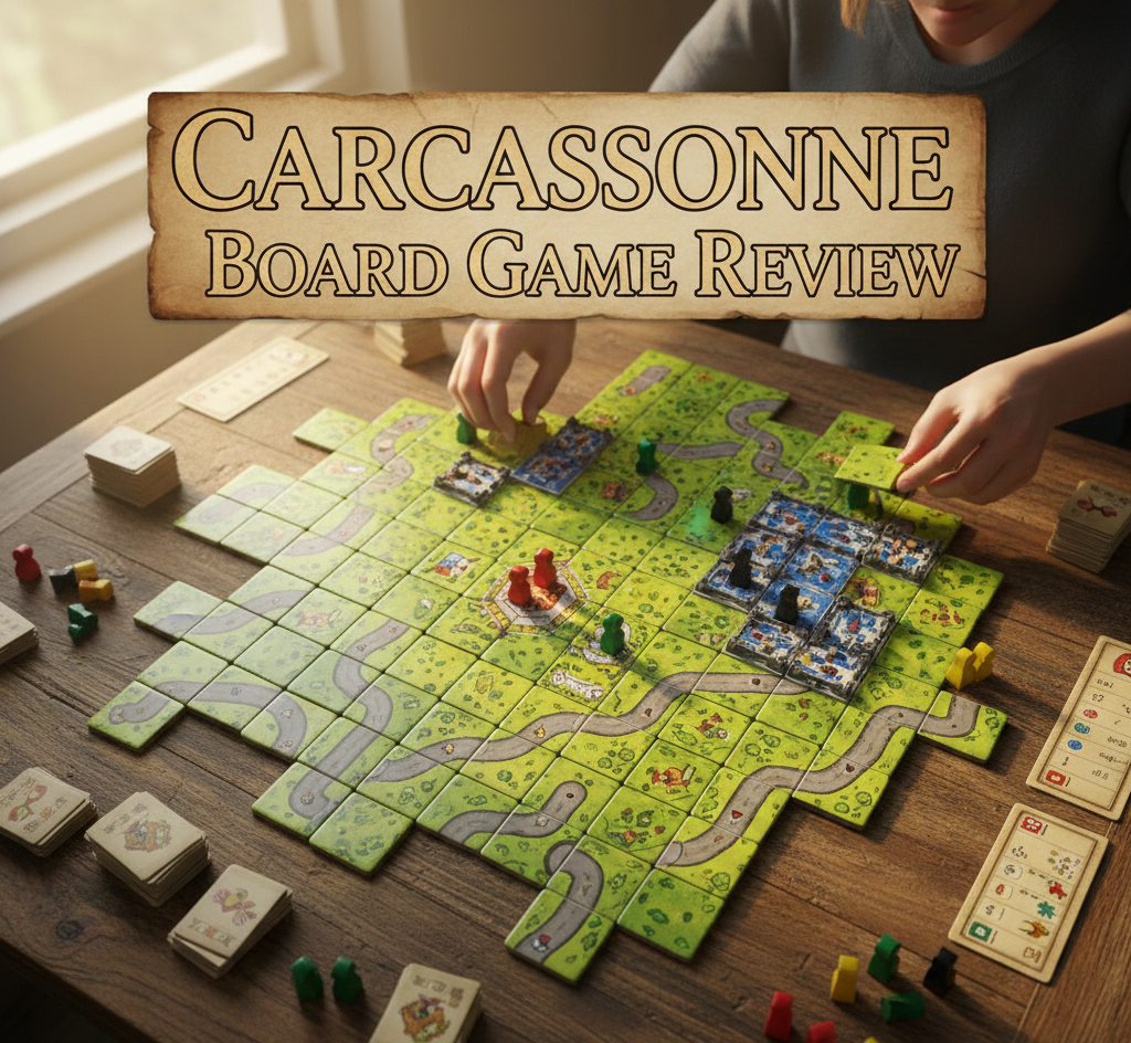 Carcassonne tile placement board game designed by Klaus-Jürgen Wrede, published by Hans im Glück in 2000, Spiel des Jahres 2001 winner, 2-5 players ages 7+, 30-45 minute playtime, 1.89/5 complexity rating, 72 landscape tiles with 8 meeples per player, featuring city, road, cloister, and field claiming mechanics, priced $32-45 at major retailers.