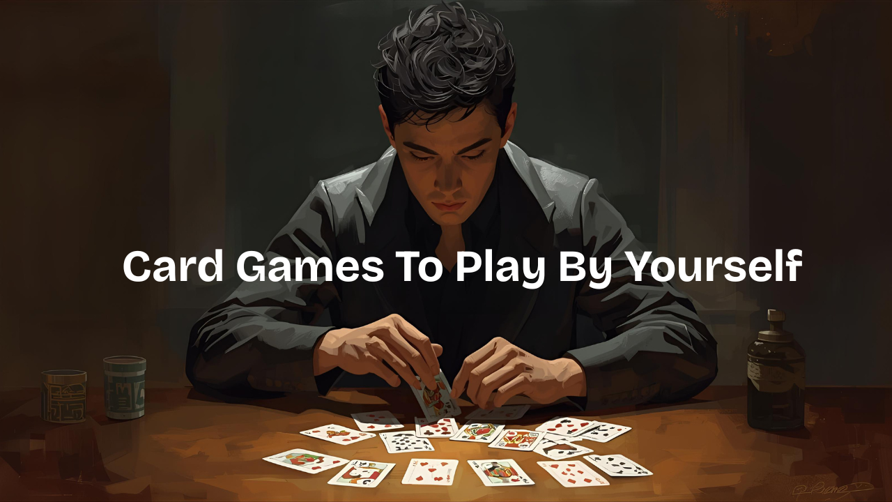 Solo card games guide showing single-player games using 1-2 standard 52-card decks, difficulty levels from easy (Wish, Clock Solitaire, Aces Up, Beehive) to moderate (Pyramid Solitaire, Golf Solitaire) to challenging (Freecell, Spider Solitaire) to very hard (Forty Thieves), play time 5-30 minutes, age 6+, advantages include portability and low cost, Clock Solitaire uses clock-face layout with 13 piles, Pyramid Solitaire removes pairs totaling 13, Spider Solitaire requires 2 decks building descending sequences, Bicycle and Bee brand cards recommended for durability.