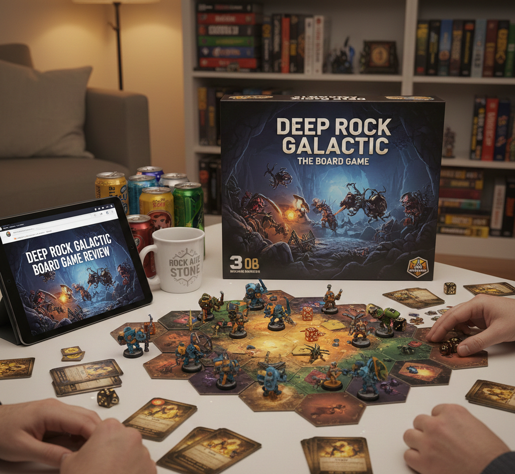 Deep Rock Galactic Board Game cooperative dice-rolling dungeon crawler designed by Ole Steiness, published by MOOD Publishing 2022, 1-4 players ages 12+, 60-150 minutes, 2.69/5 complexity, space dwarf miners extracting minerals while fighting alien Glyphids, 4 unique classes Scout, Engineer, Gunner, Driller, modular hexagon tile caves, detailed miniatures, pros include captures video game atmosphere and strong solo mode, cons include long setup and dice luck, similar to Zombicide and Gloomhaven.