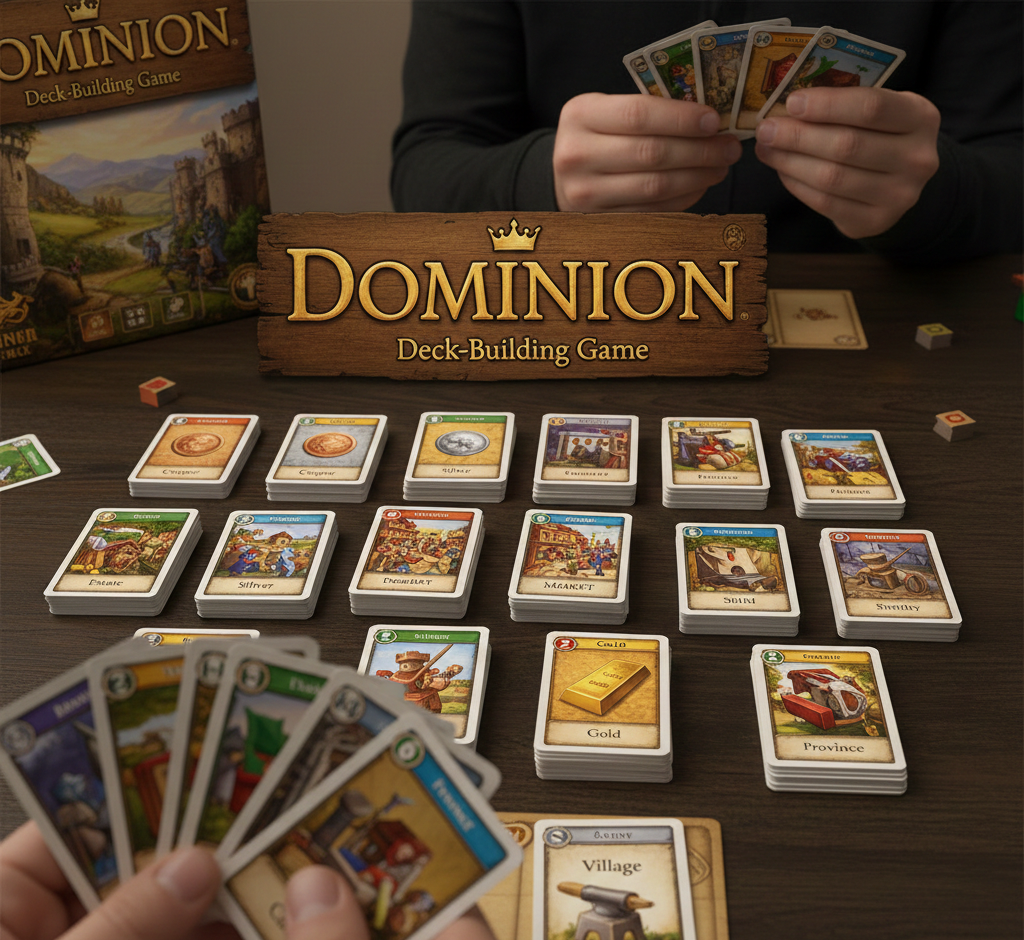 Dominion deck-building card game designed by Donald X. Vaccarino, published by Rio Grande Games in 2008, pioneering the deck-building genre, 2-4 players ages 13+, 30-minute playtime, medium-light complexity, 500 cards including 25 Kingdom card types creating millions of combinations, 7.6 BoardGameGeek rating from 95,000+ reviews, 2025 Hall of Fame inductee, 11 expansions available.