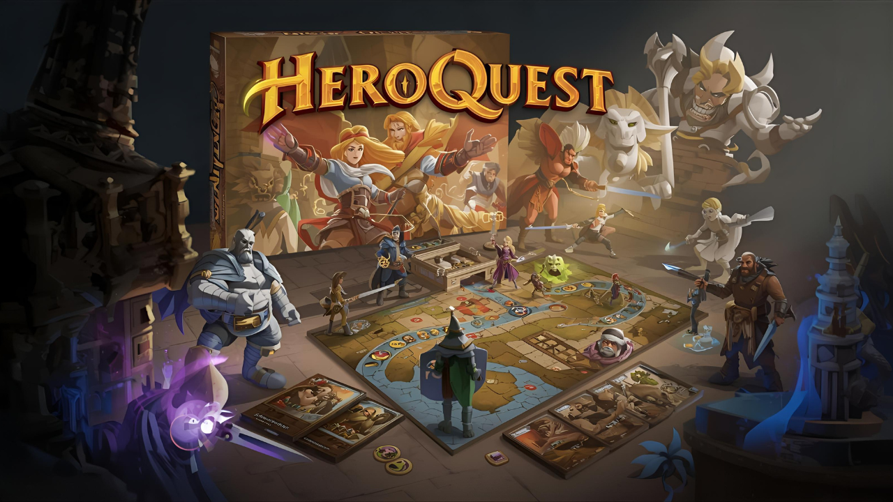 HeroQuest dungeon-crawling board game for 2-5 players featuring one Game Master and four hero characters (Barbarian, Wizard, Elf, Dwarf) exploring modular dungeons with 65+ miniatures, 14 linked campaign quests, and 60-90 minute gameplay sessions, re-released by Avalon Hill in 2021.Retry