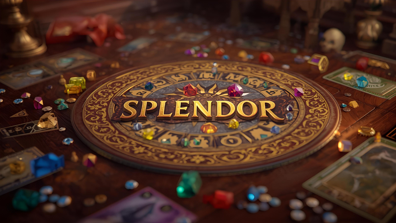 Splendor board game components showing poker-style gem chips in five colors, development cards in three tiers, noble tiles, and gold wildcard chips for Renaissance-themed engine building gameplay.Retry