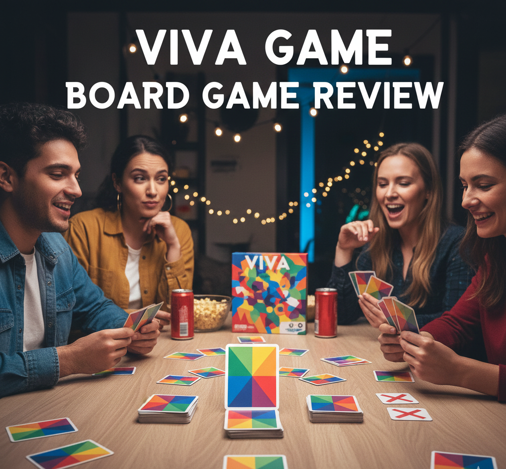 Viva card game designed by Tobias Angelo Kaufmann, published by Game Division AG in 2023, for 2-6 players ages 8+, 40-60 minute playtime, 1.00/5 complexity rating, featuring color-matching mechanics with blocking restrictions across six colors, table clear mechanic when three cards share common color punishing neighboring players, multi-match scoring system over 8-12 rounds, and personal blocking card penalties for last-place finishers