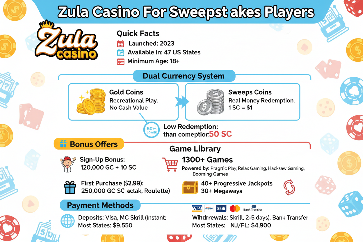 Zula Casino sweepstakes platform launched 2023 by Blazesoft operating in 47 US states for players 18+, dual-currency system with 50 SC minimum withdrawal (50% below industry average), sign-up bonus of 120,000 GC plus 10 SC, first purchase 250,000 GC plus 10 SC for $2.99, daily login rewards of 10,000 GC plus 1 SC, 1,300+ games including 1,200 standard slots, 40+ progressive jackpots, and 30 Megaways from Pragmatic Play, Relax Gaming, Hacksaw Gaming, and Booming Games, no table games, Visa/Mastercard instant deposits, Skrill 2-5 day withdrawals, daily limits $9,550 most states and $4,900 NJ/FL, 7-tier loyalty program, and mobile app available.